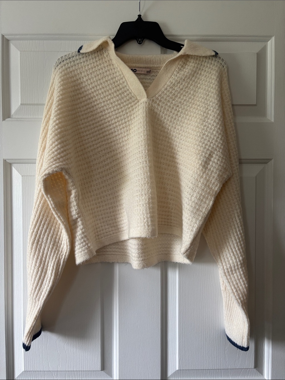 Women's Cream V-Neck Collared Sweater